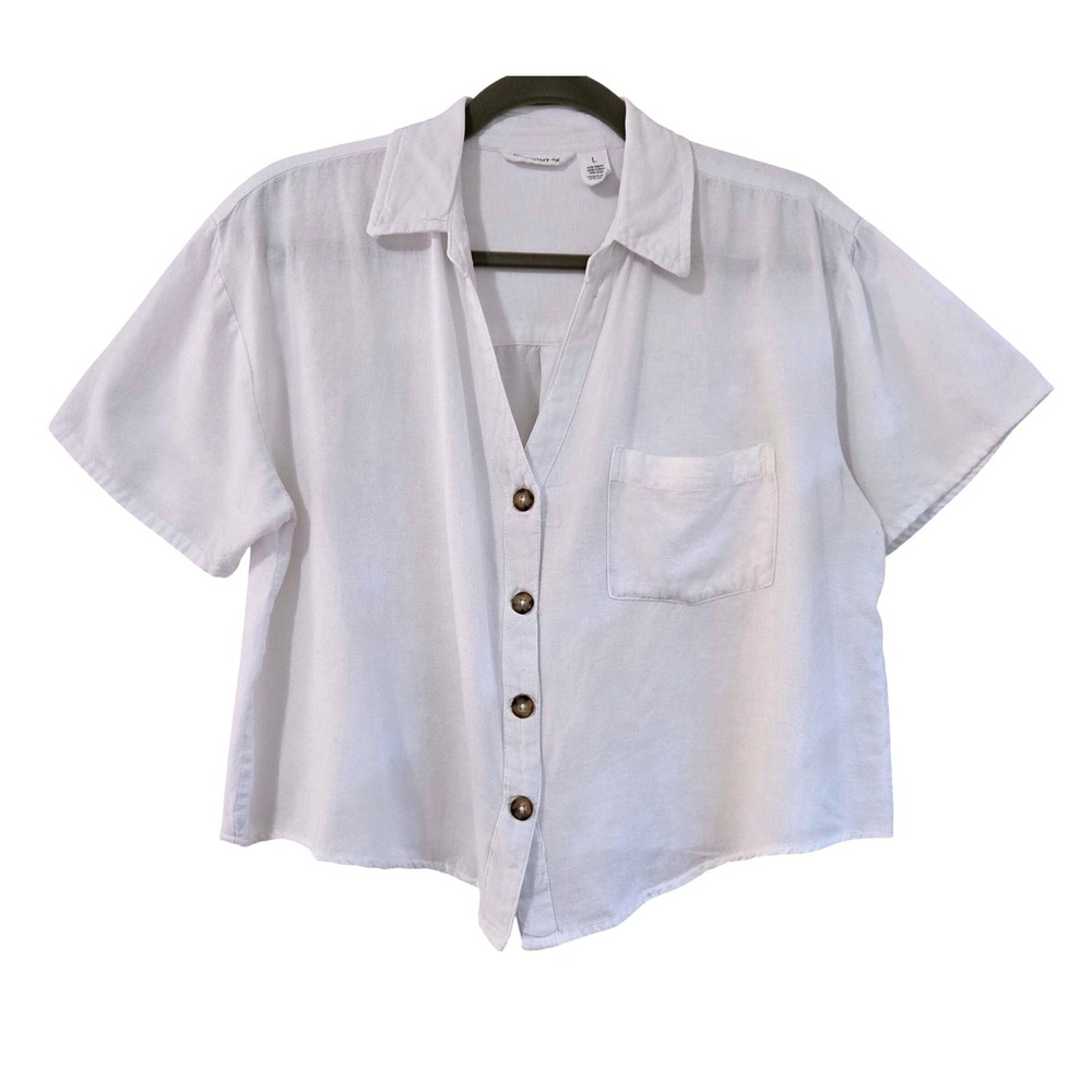 Midnight Sky White Linen Blend Short Sleeve Button Down Cropped Shirt Large